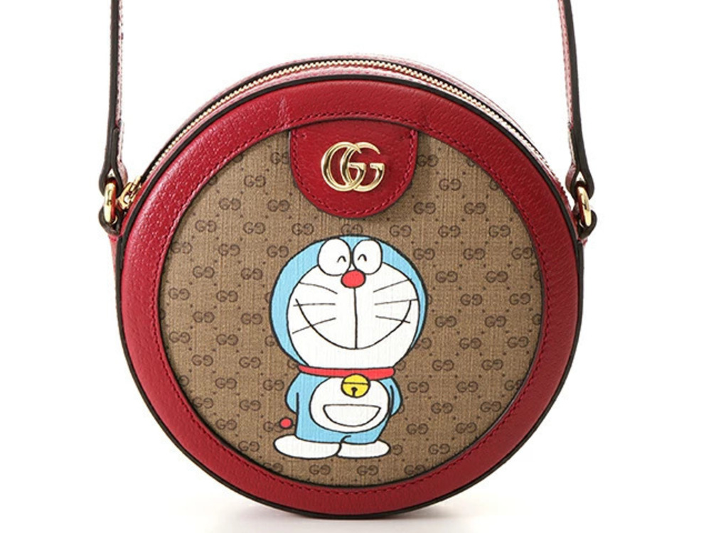 Gucci x Doraemon GG Supreme Shoulder Bag Beige Cream Bordeaux Purple